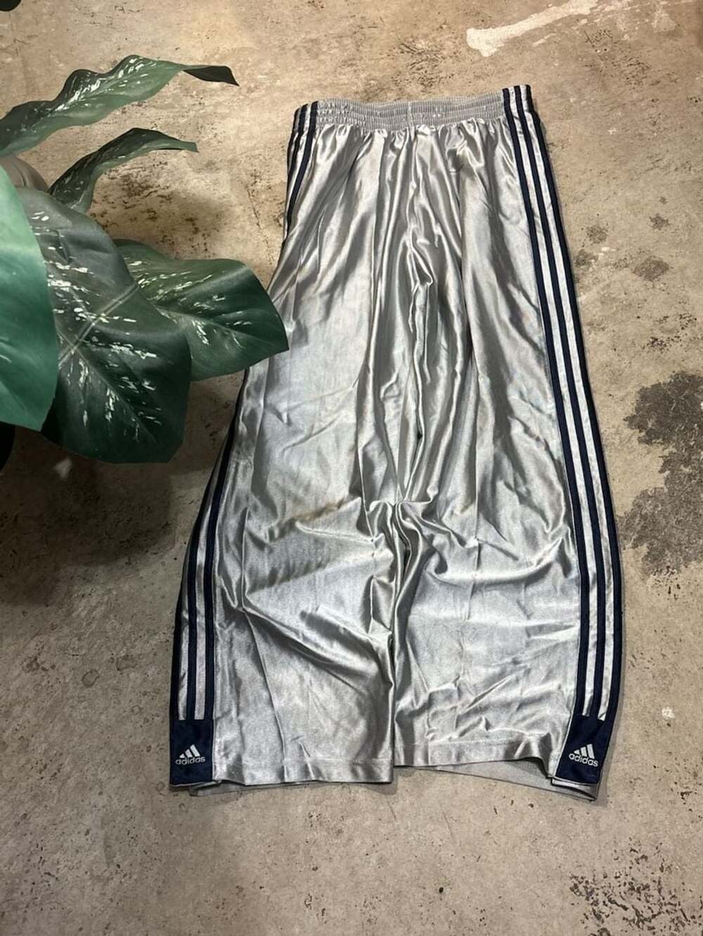 Adidas Metallic Silver Track Pants Size M Wide Leg Snap Buttons